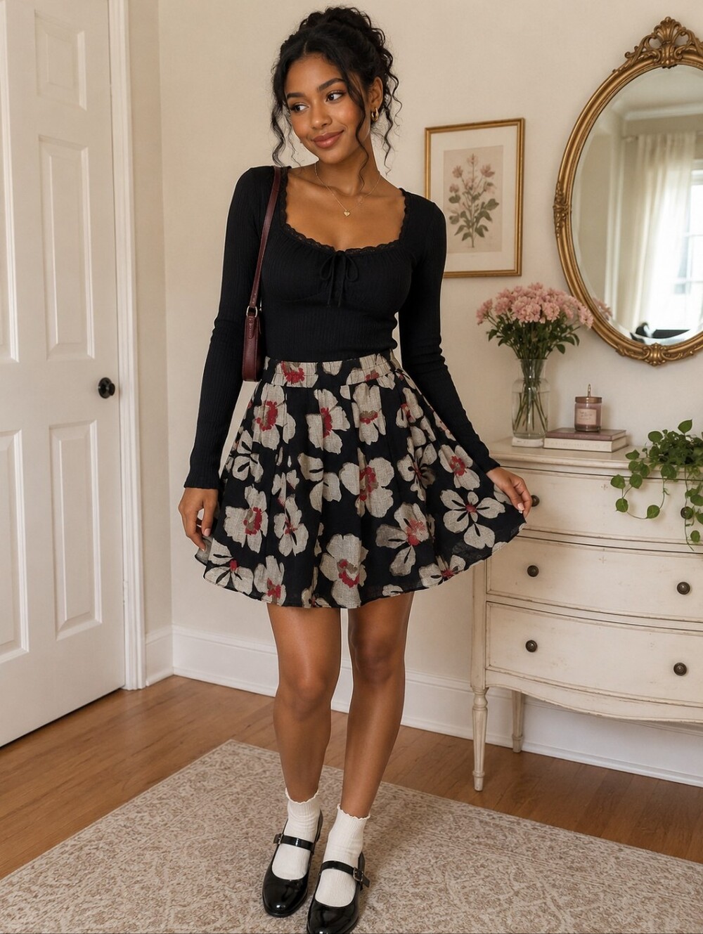 GAP Floral Skater Mini Skirt Medium Black Cotton Lined Coquette Romantic